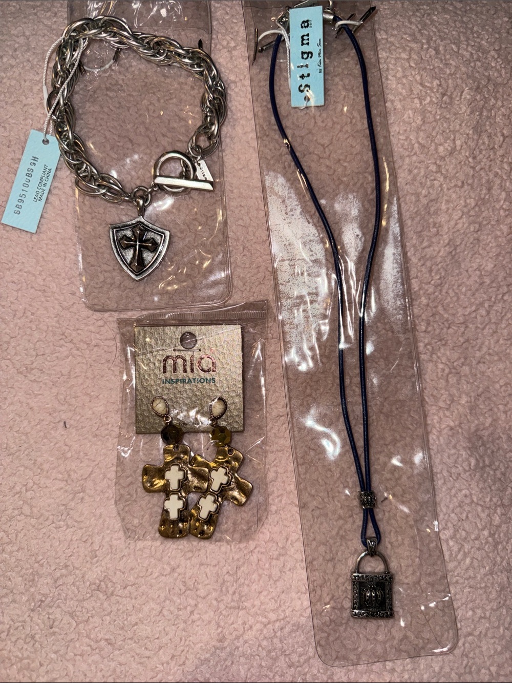 3 Mixed Metal Cross & Shield Jewelry Set . Earrings bracelet and necklace.